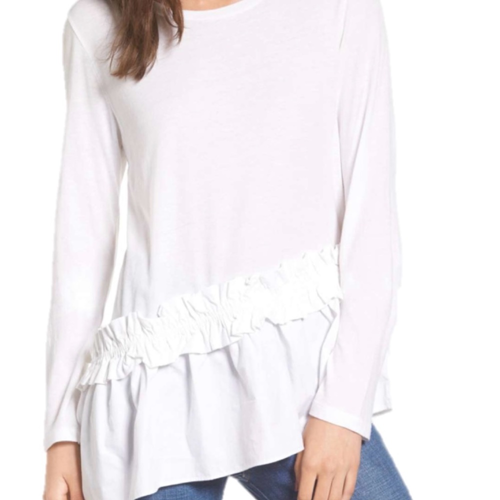 BP (Nordstrom brand) White Asymmetrical Ruffled Long Sleeve Blouse
